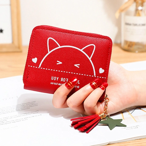 Damen Süße Katze Druck Kurze Geldbörse PU Leder Kleines Münzfach Mit Quaste Stern Anhänger Reißverschluss Handtasche Geschenk