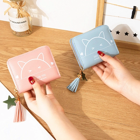 Damen Süße Katze Druck Kurze Geldbörse PU Leder Kleines Münzfach Mit Quaste Stern Anhänger Reißverschluss Handtasche Geschenk