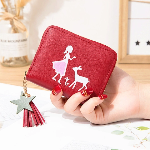Süße PU Leder Kurze Reißverschluss Brieftasche für Damen Mädchen und Hirsch Druck Cartoon Stil Geldbörse mit Quaste und Stern Anhänger