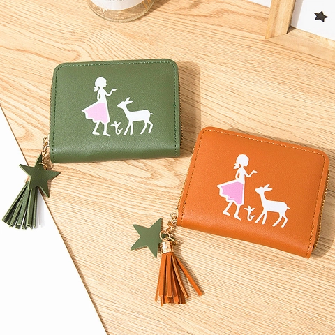 Süße PU Leder Kurze Reißverschluss Brieftasche für Damen Mädchen und Hirsch Druck Cartoon Stil Geldbörse mit Quaste und Stern Anhänger