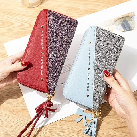 Portafoglio Lungo Donna Pelle PU Glitter Cerniera Pochette Con Cinturino Da Polso Nappa Fiocco Grande Capacità