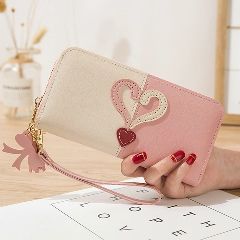 Cartera Larga para Mujer de Cuero PU Bloques de Color Patrón de Corazón Bolso de Mano con Cremallera Borla Correa de Muñeca Porta Tarjetas Teléfono