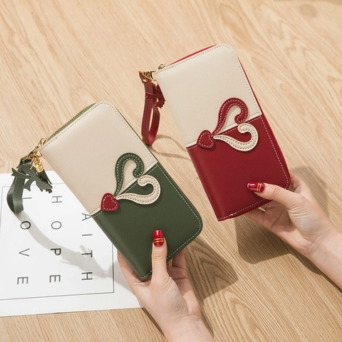 Cartera Larga para Mujer de Cuero PU Bloques de Color Patrón de Corazón Bolso de Mano con Cremallera Borla Correa de Muñeca Porta Tarjetas Teléfono
