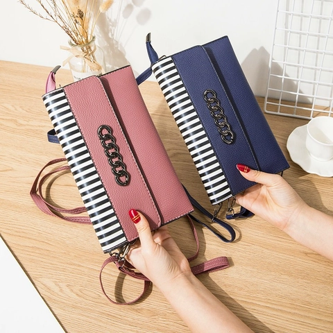Women Korean Striped PU Leather Mobile Phone Bag Large Capacity Small Square Crossbody Shoulder Bag With Metal Chain