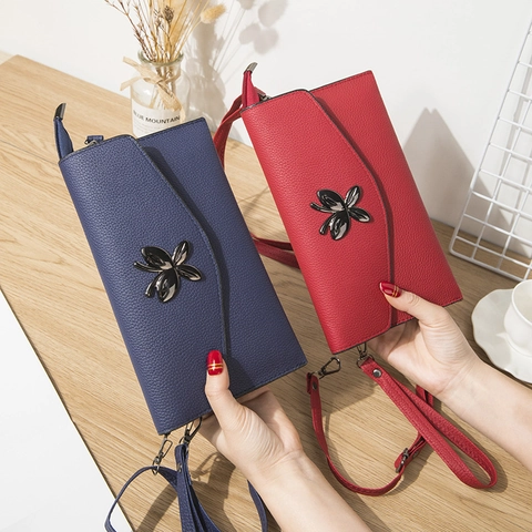 Sac de Téléphone Portable en Cuir PU Décor Papillon pour Femme Grande Capacité Bandoulière Portefeuille Multifonctionnel