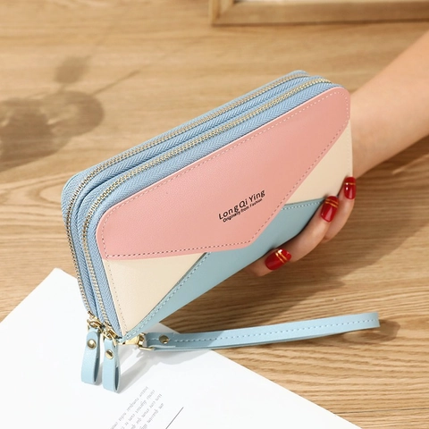 Dames Lange Portemonnee PU Leer Dubbele Rits Grote Capaciteit Patchwork Clutch Tas Telefoonzakje Polsbandje Mode
