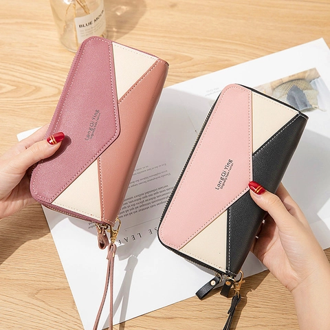 Dames Lange Portemonnee PU Leer Dubbele Rits Grote Capaciteit Patchwork Clutch Tas Telefoonzakje Polsbandje Mode