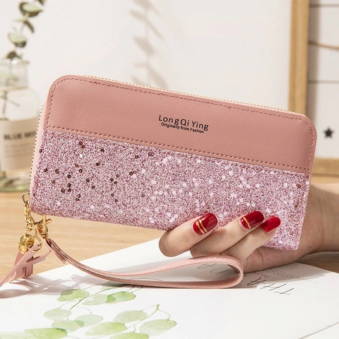Portefeuille Long pour Femme en Cuir PU Patchwork de Paillettes Pochette Avec Dragonne Gland Porte-Cartes Sac Téléphone