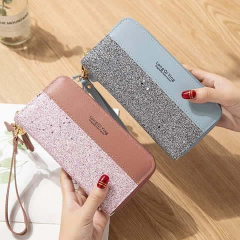 Portefeuille Long pour Femme en Cuir PU Patchwork de Paillettes Pochette Avec Dragonne Gland Porte-Cartes Sac Téléphone