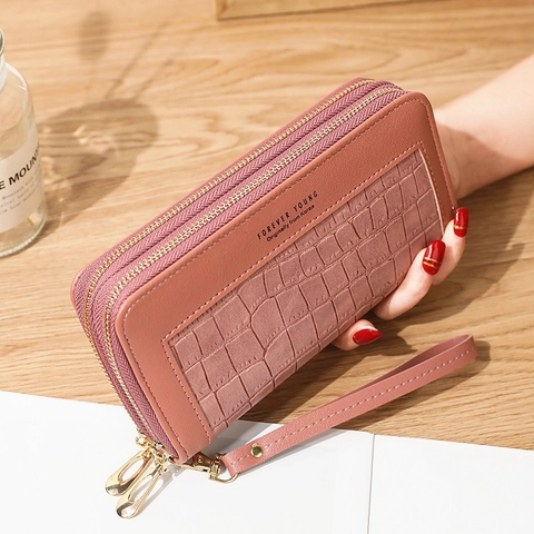 Cartera Larga para Mujer Doble Cremallera Cuero PU Patrón de Piedra Gran Capacidad Bolso de Mano con Correa de Muñeca