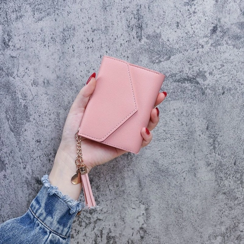 Women's Short PU Leather Wallet With Tassel Heart Pendant Litchi Texture Trifold Envelope Small Coin Purse Card Holder