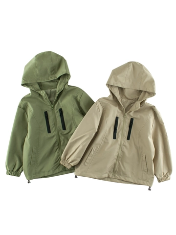 Boys Hooded Windproof Jacket Polyester Zip Up Casual Outerwear Sporty Coat With Multiple Pockets Fashionable