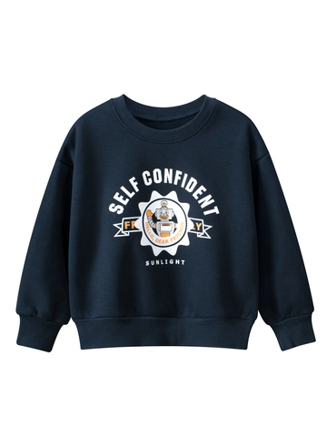 Sweat-shirt pour Garçons Doublé en Polaire Imprimé Robot Dessin Animé Col Rond Manches Longues Pull Chaud en Mélange de Coton