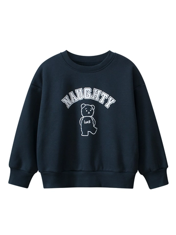 Felpa da Ragazzo Foderata in Pile Casual Stampa Orso Cartone Animato Lettere Girocollo Misto Cotone Pullover Caldo Top a Manica Lunga per Bambini