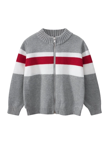 Boys Cotton Striped Knit Cardigan Zipper Sweater Long Sleeve Stand Collar Casual Spring Outerwear Mottled Grey