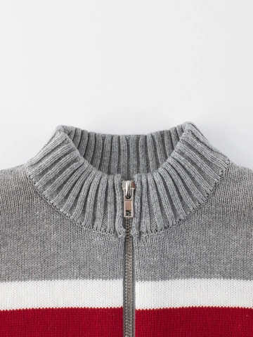 Boys Cotton Striped Knit Cardigan Zipper Sweater Long Sleeve Stand Collar Casual Spring Outerwear Mottled Grey