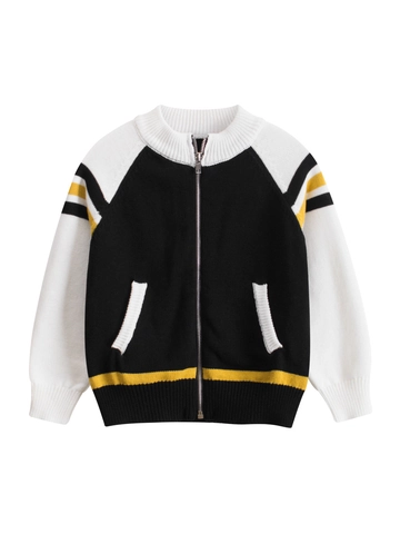 Kids Contrast Color Cotton Knitted Sweater Baseball Style Zipper Cardigan Jacket For Boys Girls Sporty Casual Striped Top