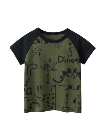 Boys Short Sleeve T-Shirt Cotton Cartoon Dinosaur Animal Print Raglan Sleeve Round Neck Summer Casual Top For Toddler