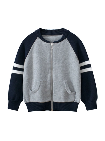 Kids Boys Cotton Zipper Sweater Cardigan Varsity Style Striped Knit Jacket For Spring Autumn Long Sleeve Toddler Coat