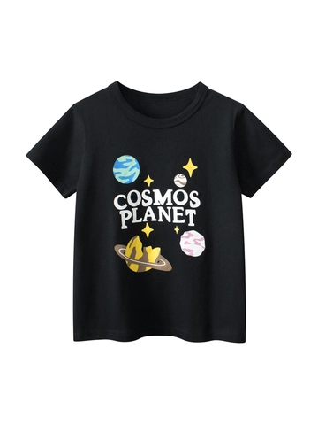 Jongens T-shirt Korte Mouwen Katoen Ruimte Planeet Print Casual Zomer Top Ronde Hals Zwart
