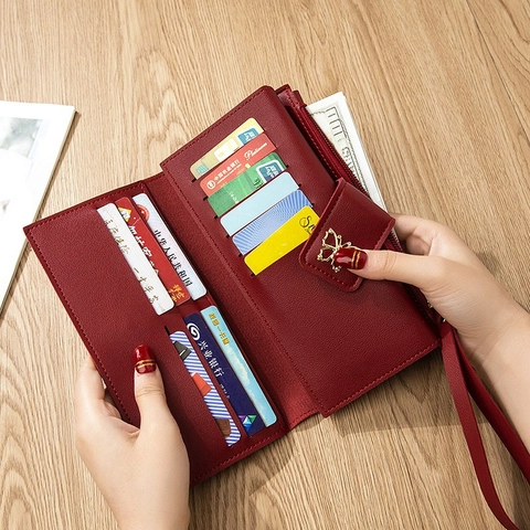 Dames Lange Portemonnee PU-leer Vlinder Metalen Gesp Telefoonsleuf Kaarthouder Clutch Polsbandje Rits Organizer Handtas