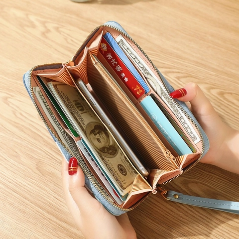 Women Fashion Long Zipper Wallet Contrast Color Block PU Leather Clutch Bag With Hand Strap Tassel Leaf Pendant Phone Holder Card Organizer