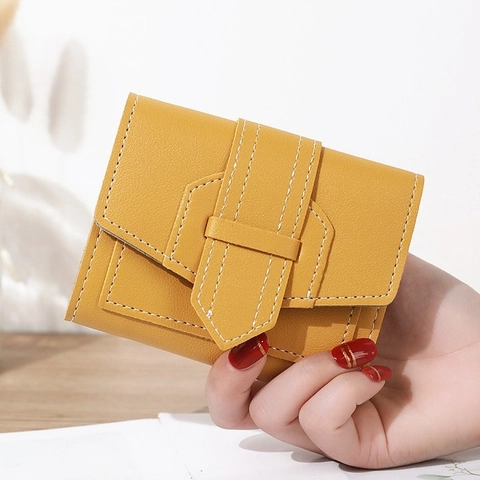 Women Small Wallet PU Leather Lychee Texture Tri-fold Purse With Contrast Stitching Buckle Strap Card Holder For Daily