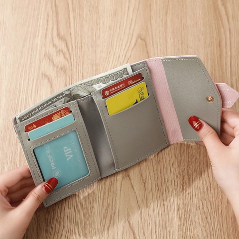 Women Small Wallet PU Leather Lychee Texture Tri-fold Purse With Contrast Stitching Buckle Strap Card Holder For Daily