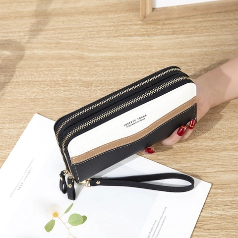 Portafoglio Lungo Donna Pelle PU Motivo Litchi Doppia Cerniera Pochette Per Cellulare Con Cinturino Da Polso Patchwork