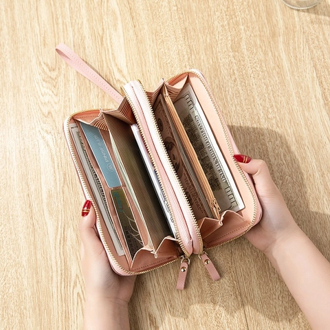 Portafoglio Lungo Donna Pelle PU Motivo Litchi Doppia Cerniera Pochette Per Cellulare Con Cinturino Da Polso Patchwork