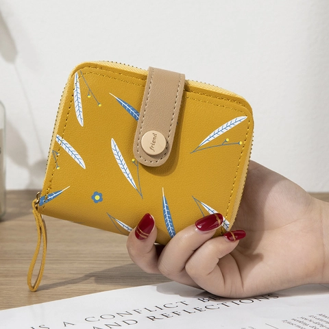 Damen Federmuster Kurze Brieftasche PU Leder Zweifach Geldbörse Mit Friend Schnalle Reißverschluss Kartenhalter Täglich Klein