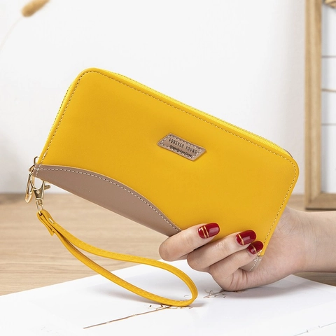 Cartera Larga de Piel Sintética para Mujer con Cremallera Bloque de Color Bolso de Mano con Pulsera Tarjetero Bolsillo para Teléfono