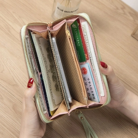 Cartera Larga de Piel Sintética para Mujer con Cremallera Bloque de Color Bolso de Mano con Pulsera Tarjetero Bolsillo para Teléfono