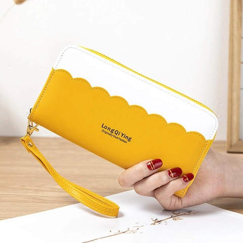 Lange Portemonnee Voor Dames PU Leer Clutch Gescallopte Rand Kleurblok Telefoontas Grote Capaciteit Kaarthouder