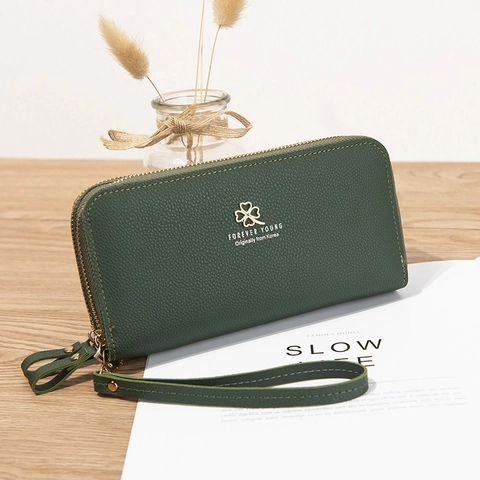 Women Long Wallet Lychee Grain PU Leather Double Zipper Large Capacity Clutch Bag With Wrist Strap Phone Pocket Solid Color