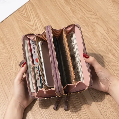Women Long Wallet Lychee Grain PU Leather Double Zipper Large Capacity Clutch Bag With Wrist Strap Phone Pocket Solid Color