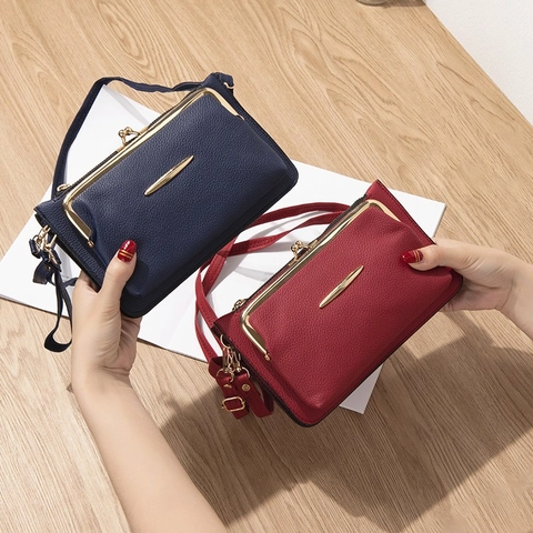 Bolso Bandolera de Cuero PU con Grano de Lichi Vintage para Mujer Bolso de Moda para Teléfono Móvil con Cierre de Metal