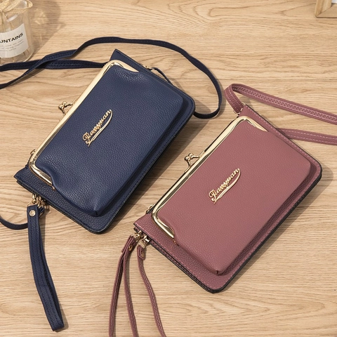 Bolso Bandolera de Cuero PU con Grano de Lichi Vintage para Mujer Bolso de Moda para Teléfono Móvil con Cierre de Metal