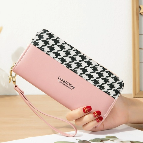 Cartera Larga para Mujer de Cuero PU Pata de Gallo Patchwork Bolso de Mano con Cremallera Correa de Mano Soporte para Teléfono Organizador Ranuras para Tarjetas Monedero de Moda