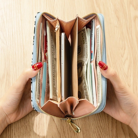 Cartera Larga para Mujer de Cuero PU Pata de Gallo Patchwork Bolso de Mano con Cremallera Correa de Mano Soporte para Teléfono Organizador Ranuras para Tarjetas Monedero de Moda