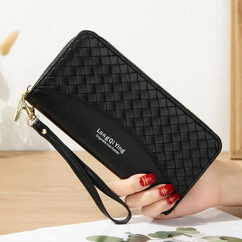 Women Long Wallet PU Leather Woven Texture Patchwork Zipper Clutch Bag With Wristlet Strap Mobile Phone Compartment Fashion