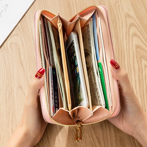 Women Long Wallet PU Leather Woven Texture Patchwork Zipper Clutch Bag With Wristlet Strap Mobile Phone Compartment Fashion