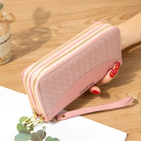 Damen Lange Brieftasche Doppelreißverschluss Geflochtenes Muster Große Kapazität PU Leder Handy Tasche Clutch Handtasche
