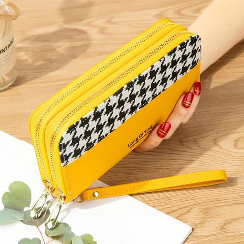 Cartera Larga para Mujer de Cuero PU Patchwork Pata de Gallo Doble Cremallera Gran Capacidad Bolso de Mano Con Correa de Muñeca Organizador