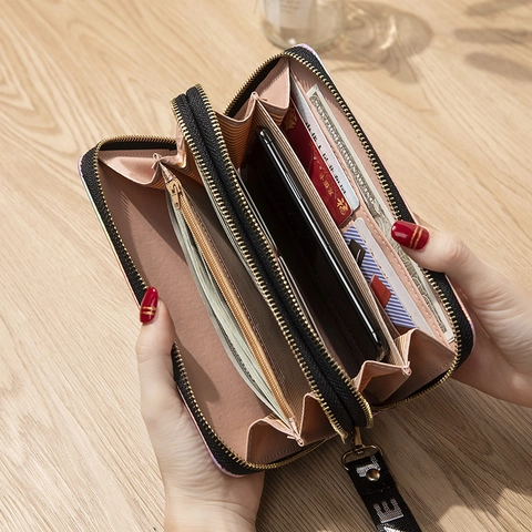 Cartera Larga para Mujer Doble Cremallera Holográfica Láser Bolsa para Smartphone Gran Capacidad Bolso de Mano Con Correa de Cuero PU