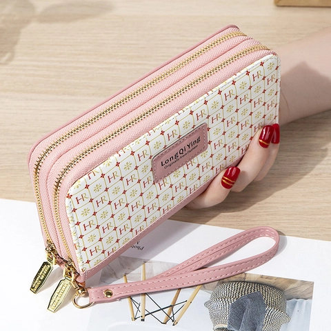 Lange Geldbörse Damen Mit Doppelreißverschluss PU Leder Monogramm Print Clutch Handytasche Mit Handschlaufe