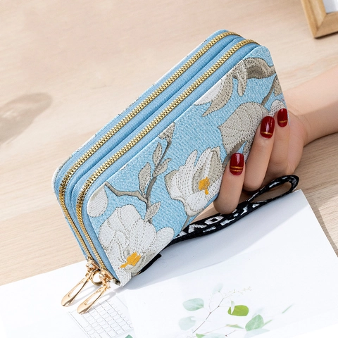 Women Long Wallet PU Leather Double Zipper Large Capacity Flower Print Phone Pocket Purse With Wristlet Strap