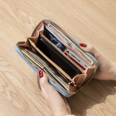 Cartera Larga para Mujer en Cuero PU con Patrón de Ondas Cremallera Correa de Muñeca Clutch Porta Tarjetas Bolsa de Teléfono Moda