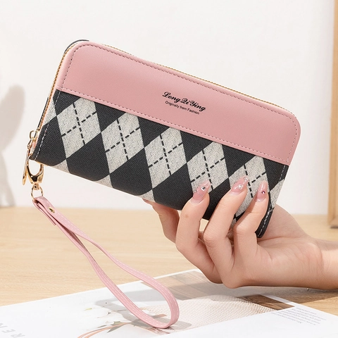 Portafoglio Lungo da Donna in Pelle PU con Blocchi di Colore Motivo a Rombi Grande Capacità Pochette con Cerniera e Cinturino