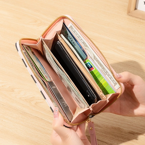 Portafoglio Lungo da Donna in Pelle PU con Blocchi di Colore Motivo a Rombi Grande Capacità Pochette con Cerniera e Cinturino